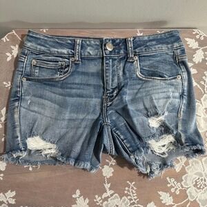 American Eagle Midi Denim Shorts Womens 6 Blue Excellent Distressed Next Level